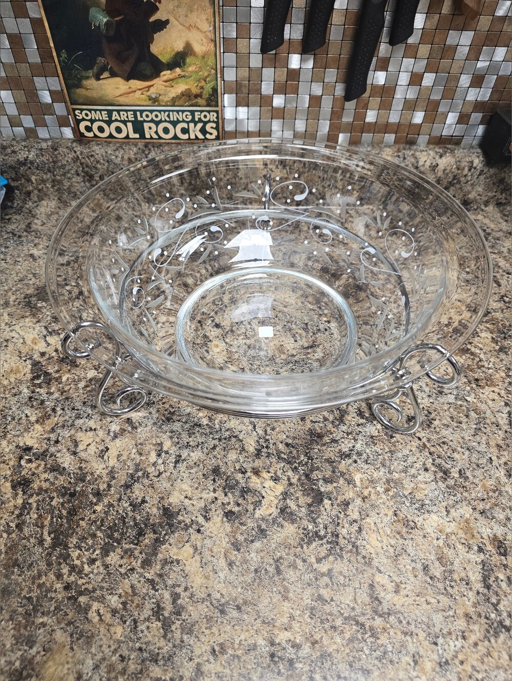 Clear Glass Serving Bowl with Silver Stand - Elegant Swirl Design